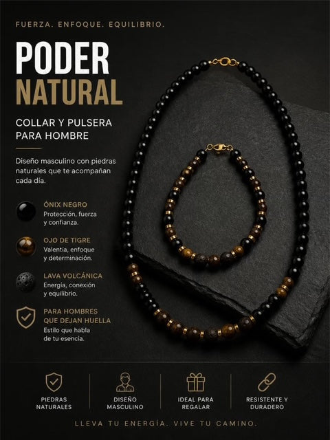 Poder Natural Ojo de Tigre Y Onix Negro con Lava Volcanica Set